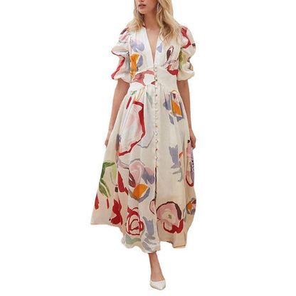 Damen Maxikleid – Natürliche Fasern – Lockere Passform – Ballonärmel – Knopfleiste