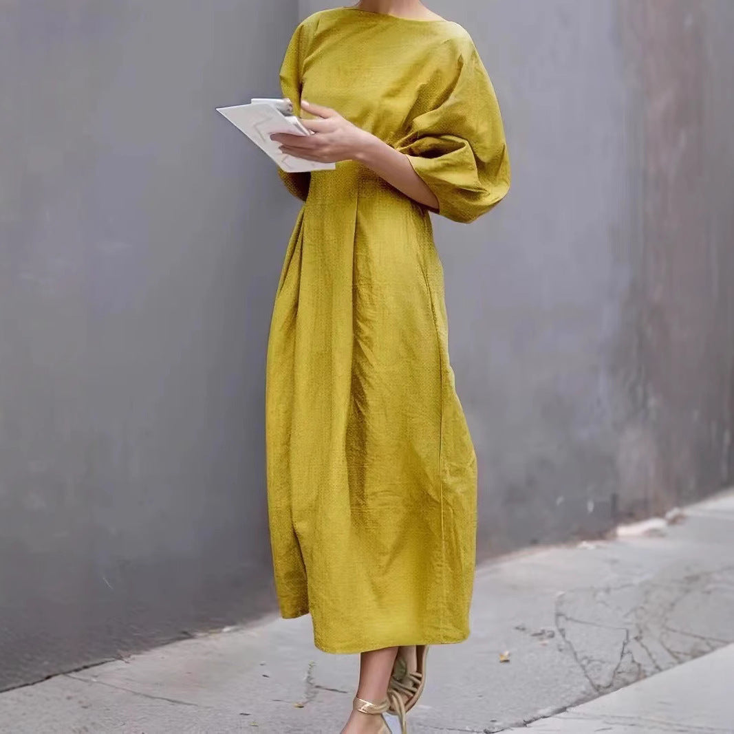 Damen Kleid – Lockerer Schnitt – Puffärmel – Rundhals – Atmungsaktiv Baumwolle