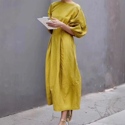 Damen Kleid – Lockerer Schnitt – Puffärmel – Rundhals – Atmungsaktiv Baumwolle
