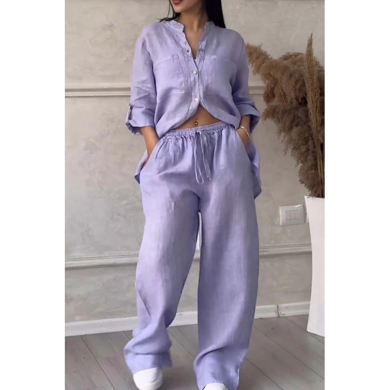 Damen Zweiteiler Set – Lockerer Schnitt – Weites Bein – Knopfleiste Oberteil