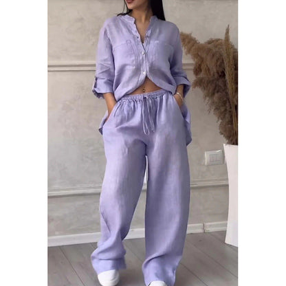 Damen Zweiteiler Set – Lockerer Schnitt – Weites Bein – Knopfleiste Oberteil