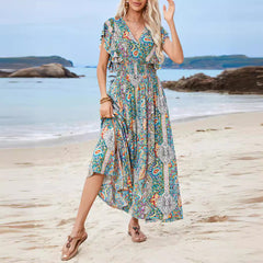 Damen Maxikleid – Boho-Stil – Tiefer V-Ausschnitt – Voluminöse Ärmel – Atmungsaktive Mischung
