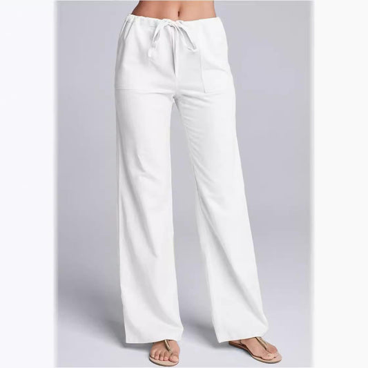 Damen Freizeithose – Lockerer Schnitt – Baumwoll-Leinen – Kordelzug – Lang