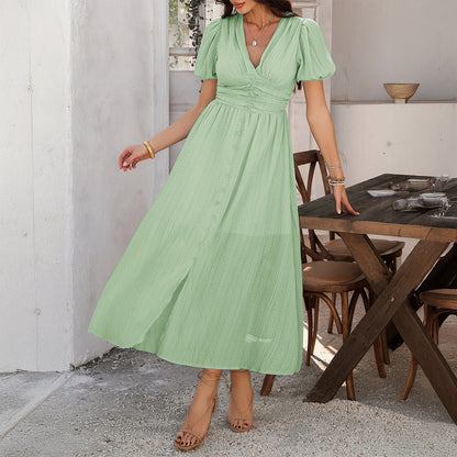 Damen Maxikleid – V-Ausschnitt – Hohe Taille – Kurzarm – Frontschlitz – Knopfleiste