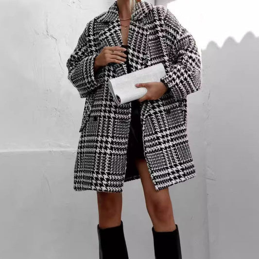 Damen Wollmantel – Oversized Fit – Karomuster – Knielang – Strukturierter Kragen