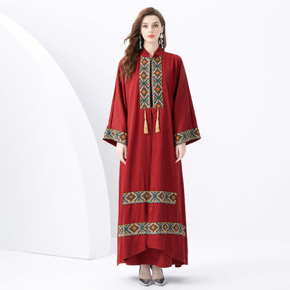 Damen Maxi Kleid – Lockere Passform – Boho-Stil – Ethnisches Muster mit Quasten
