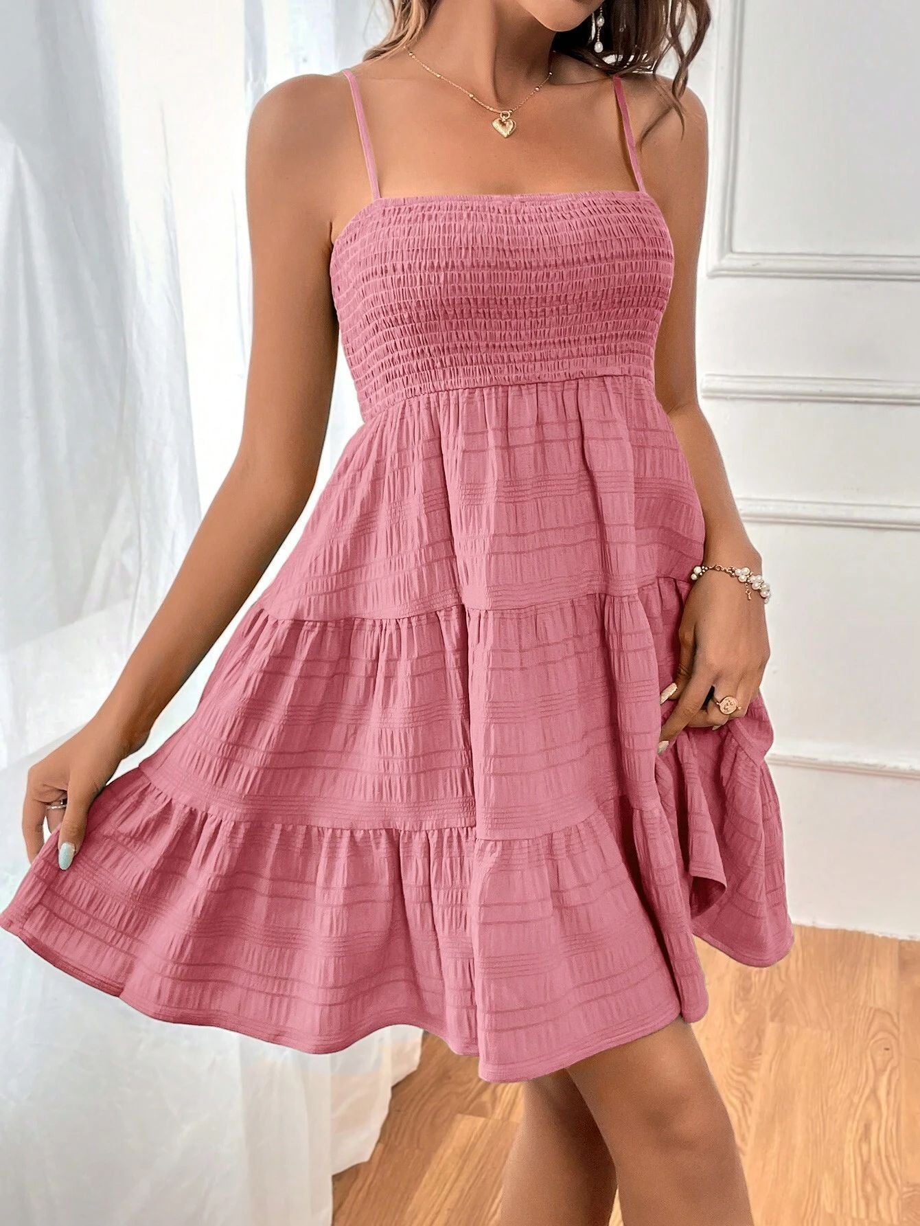 Damen Kurzkleid – Smock-Oberteil – Ärmellos – A-Linie – Stufensaum – Leicht Baumwolle