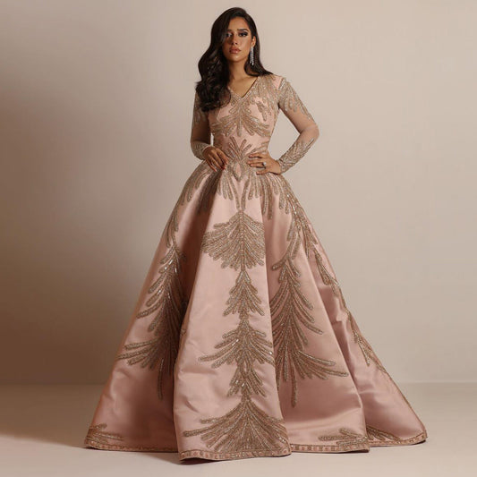 Abendkleid Damen – Luxusstoff – A-Linie – Tiefer V-Ausschnitt – Paillettenärmeln