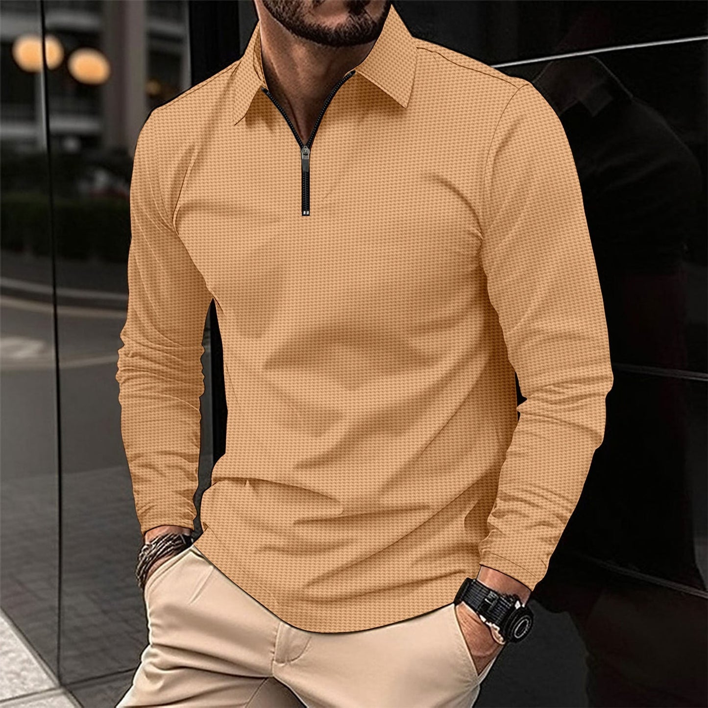 Herren Sport Langarmshirt – Slim Fit – Stretchmaterial – Atmungsaktiver Reißverschlusskragen