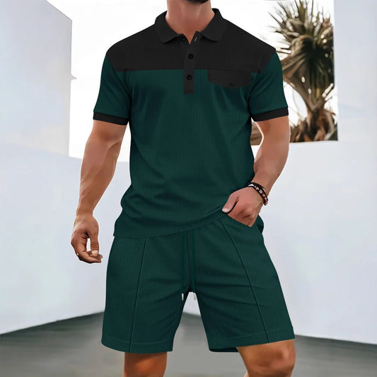 Heren Set – Poloshirt en Shorts – Regular Fit – Atmungsaktives Baumwollmaterial – Brusttasche