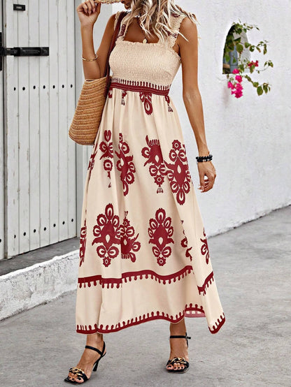Damen Maxikleid – Schulterfrei mit Wickeloberteil – Luftiger Schnitt – Printdesign