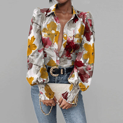 Damen Bluse – Oversized Fit – Puffärmel – Blumendruck – Smockbündchen