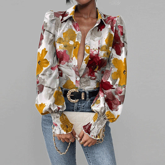 Damen Bluse – Oversized Fit – Puffärmel – Blumendruck – Smockbündchen