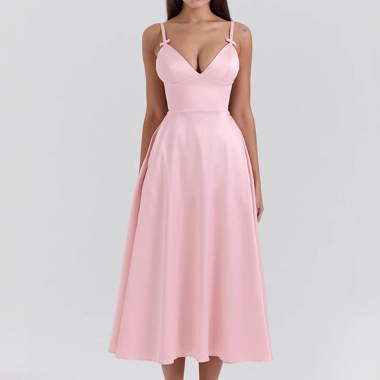 Damen Abendkleid – Luxusstoff – V-Ausschnitt – Spaghettiträger – A-Linie Midi