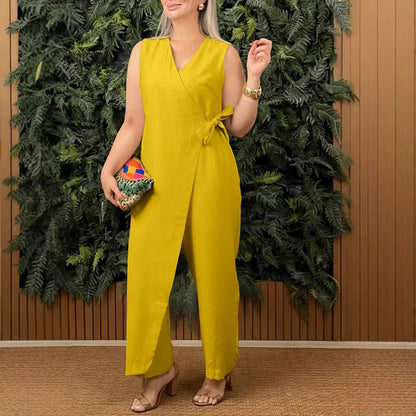 Damen Jumpsuit – V-Ausschnitt Wickeloptik – Ärmellos – Weites Bein – Lockere Passform