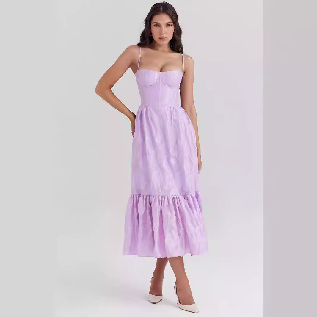 Damen Midikleid – Figurbetontes Oberteil – Stufenrock – Ärmellos – Luxusstoff