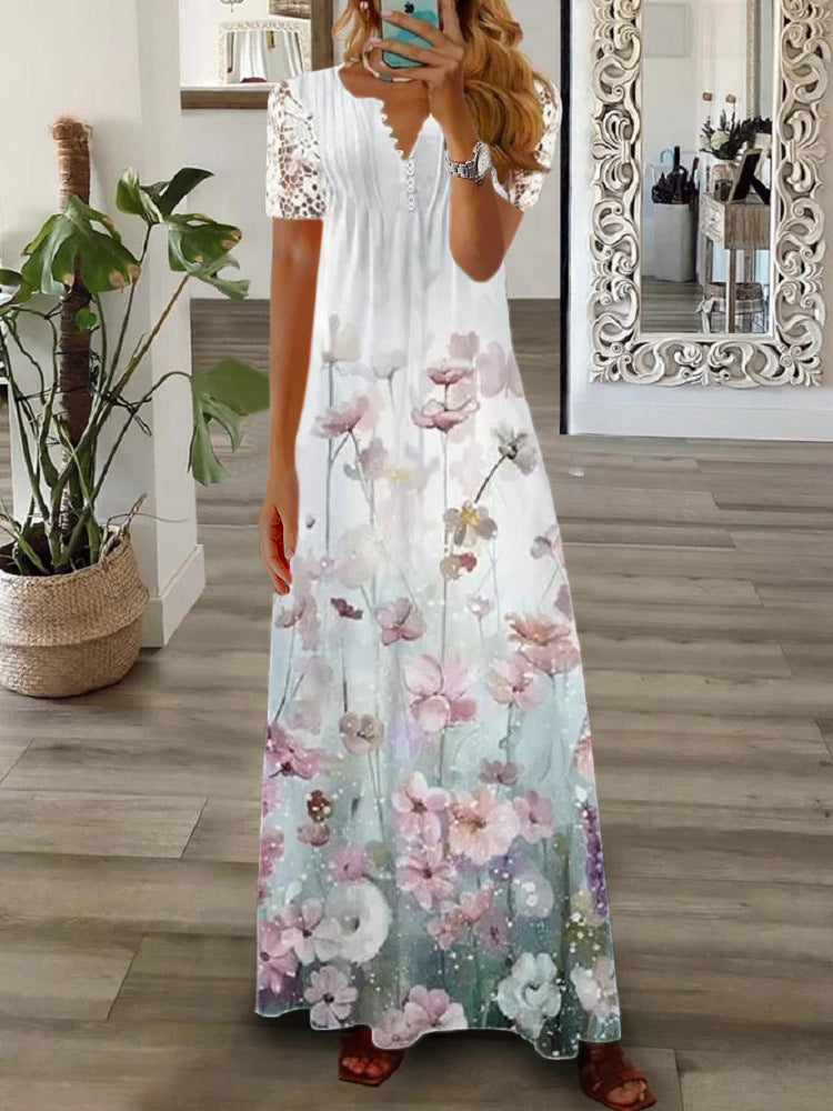 Damen Maxikleid – Fließender Schnitt – Spitze Kurzarm – Knopfleiste Elegant