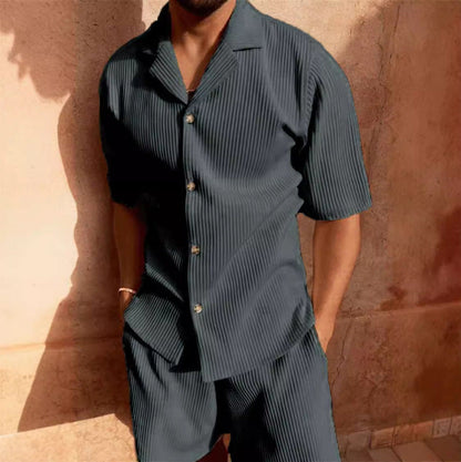 Herren Freizeit Set – Kurzarm Hemd mit Knopfleiste – Weiche Struktur – Lockerer Schnitt