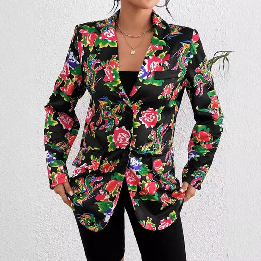 Damen Blazer – Slim Fit – Luxusstoff – Florales Muster – Ein-Knopf – Hüftlang