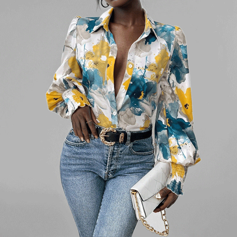 Damen Bluse – Oversized Fit – Puffärmel – Blumendruck – Smockbündchen