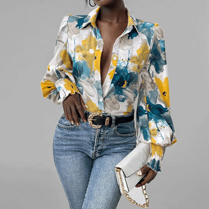Damen Bluse – Oversized Fit – Puffärmel – Blumendruck – Smockbündchen