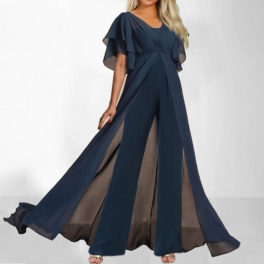 Damen Jumpsuit – Fließende Passform – Tailliert – Weites Bein – Chiffonoptik – Volantärmel