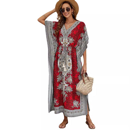 Damen Maxikleid – Luftiges Design – V-Ausschnitt – Weite Ärmel – Ornamentmuster