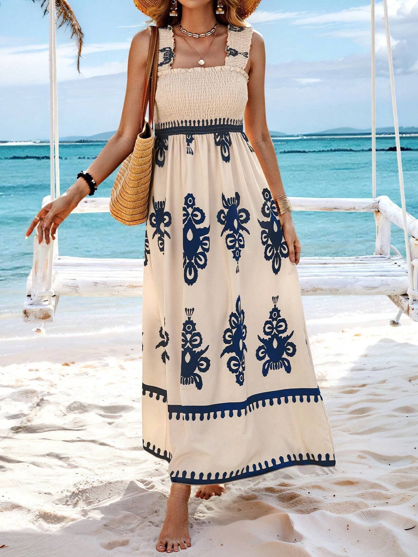 Damen Maxikleid – Schulterfrei mit Wickeloberteil – Luftiger Schnitt – Printdesign