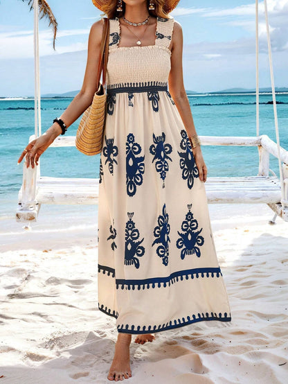 Damen Maxikleid – Schulterfrei mit Wickeloberteil – Luftiger Schnitt – Printdesign