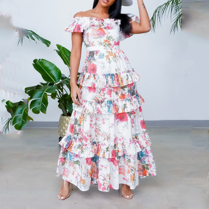 Damen Maxikleid – Natürliche Fasern – Schulterfrei – Stufiges Design – Lockerer Schnitt