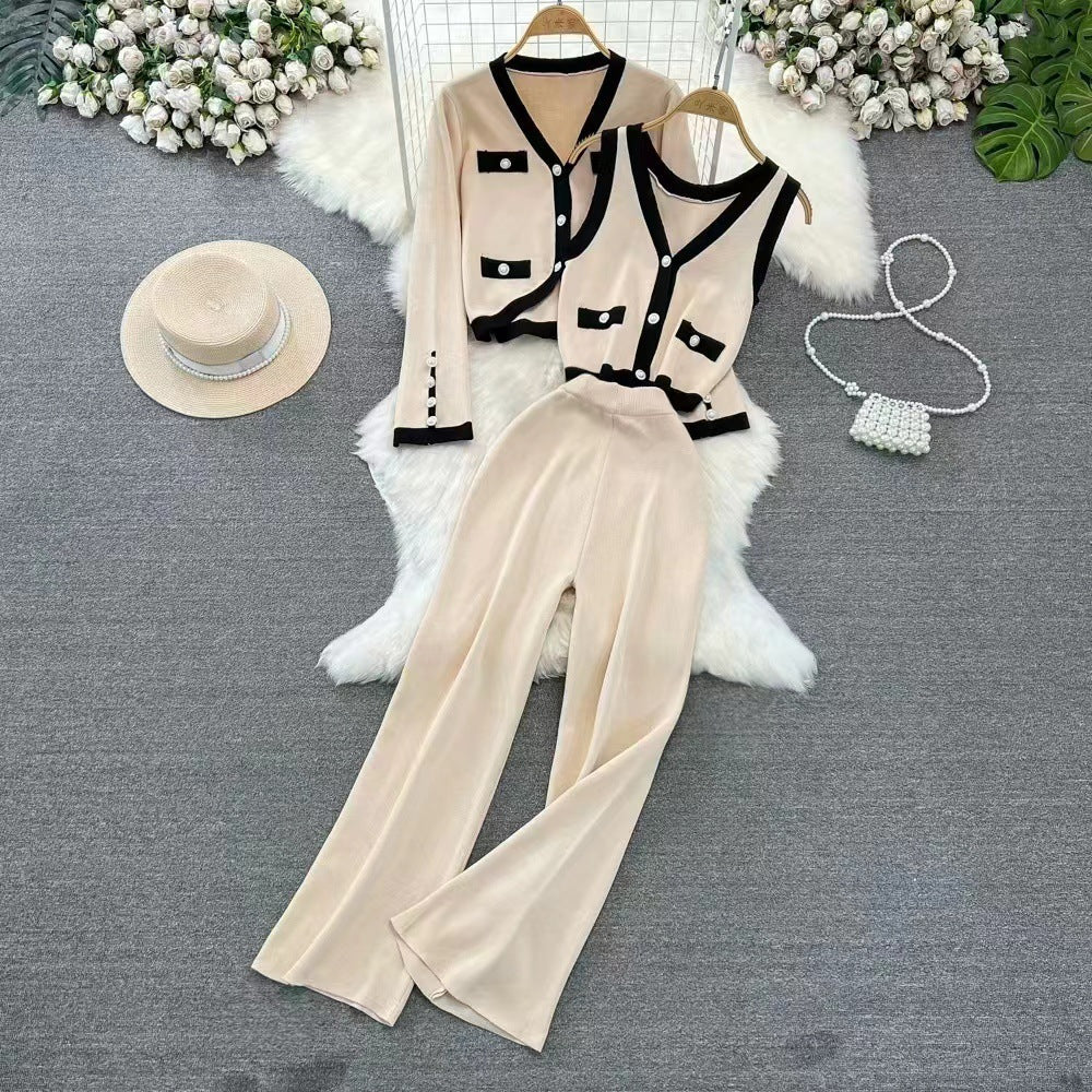 Damen Strick Set – Weit geschnittene High Waist Hose – Ärmelloses Top – Kurze Strickjacke