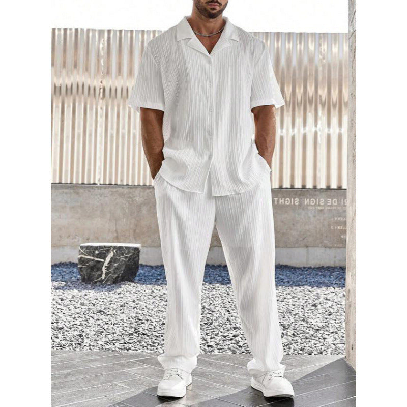 Herren Freizeitset – Atmungsaktive Naturfasern – Lockeres Kurzarmhemd – Gerade Hose