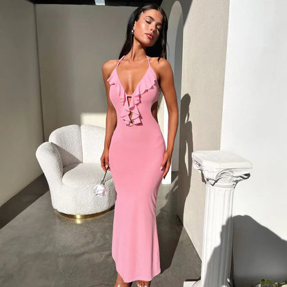 Damen Maxikleid – Slim Fit – Rüschenausschnitt – Front Cut-Out – Verstellbare Träger
