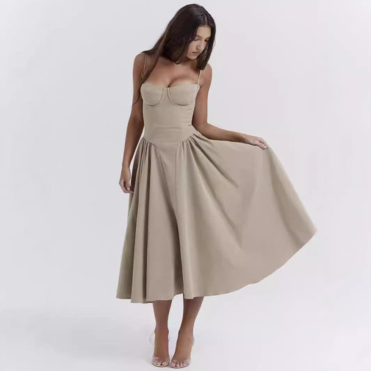 Damen Midikleid – Eleganter Schnitt – Spaghettiträger – Faltenrock – Luxury Fabric