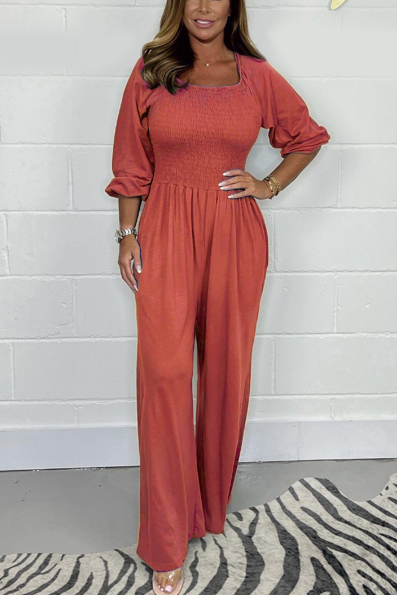 Damen Jumpsuit – Baumwollmix – Smock-Oberteil – Weites Bein – 3/4-Ärmel – Stretch