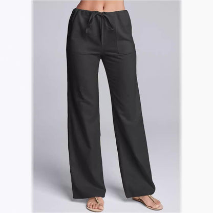 Damen Freizeithose – Lockerer Schnitt – Baumwoll-Leinen – Kordelzug – Lang