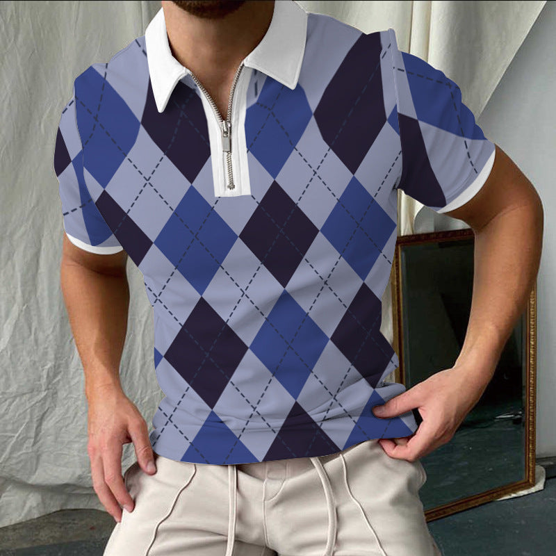 Herren Poloshirt – Slim Fit – Atmungsaktiv – Kurzarm – Karomuster – Zipperkragen