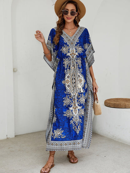 Damen Maxikleid – Luftiges Design – V-Ausschnitt – Weite Ärmel – Ornamentmuster
