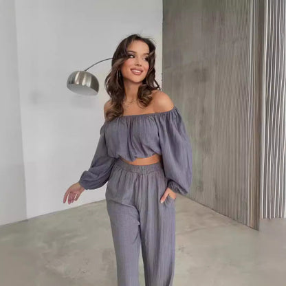 Damen Zweiteiler Set – Off Shoulder Crop Top – Weit Beinschnitt – Elastischer Bund