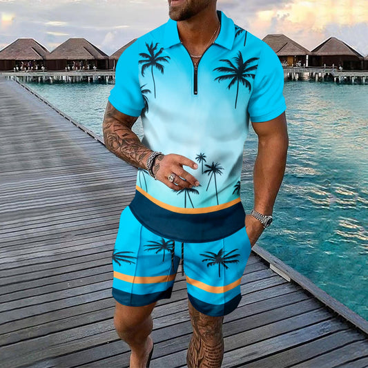 Herren Sportset – Slim Fit – Atmungsaktives Material – Zipkragen – Tropisches Muster
