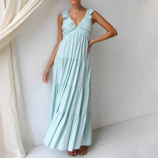 Damen Maxikleid – Lockerer Schnitt – Stufiges Design – Rüschen-Träger – Atmungsaktives Material