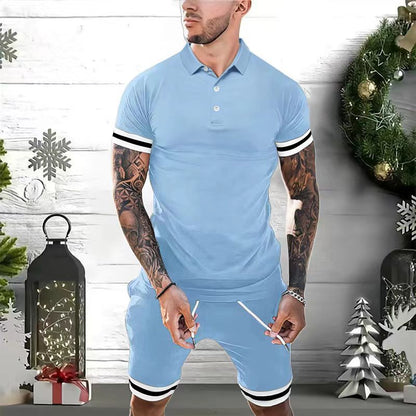 Herren Set – Poloshirt & Shorts – Slim Fit – Atmungsaktiv – Kurzarm – Sportliche Streifen – Elastischer Bund