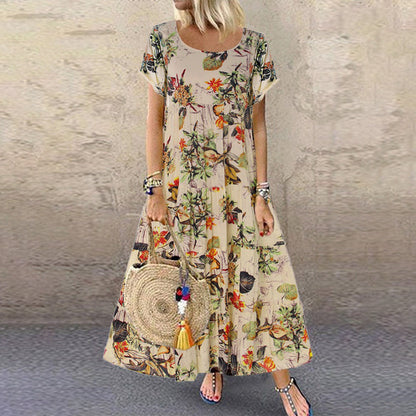 Damen Maxikleid – Lockere Passform – Kurzarm – Blumenmuster – Atmungsaktives Gewebe