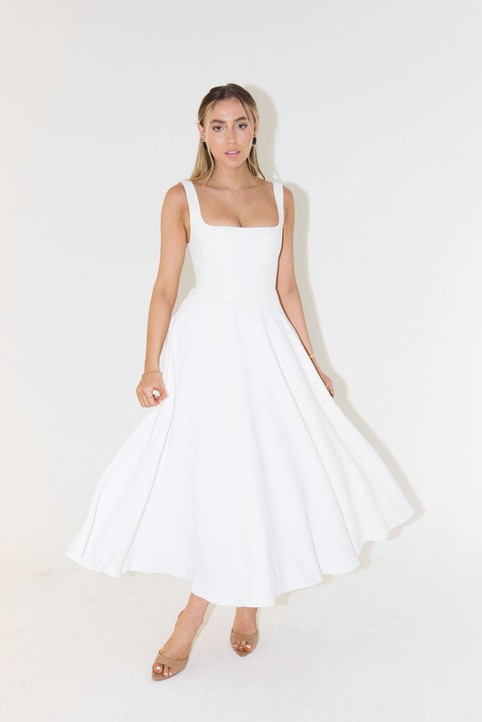 Damen Midikleid – Figurbetontes Oberteil – A-Linie – Luxusstoff – Square-Ausschnitt