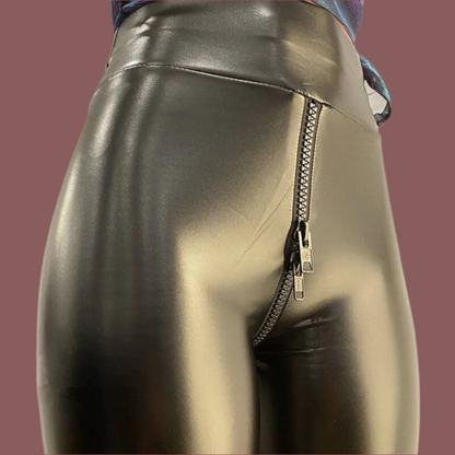Damen Hose – Slim Fit – Kunstleder Look – Glänzendes Finish – Reißverschluss vorn