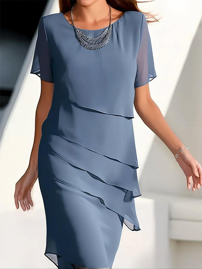Damen Midi Kleid – Fließender Schnitt – Lagenlook – Rundhals – Kurzarm Elegant