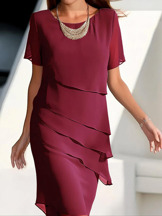 Damen Midi Kleid – Fließender Schnitt – Lagenlook – Rundhals – Kurzarm Elegant