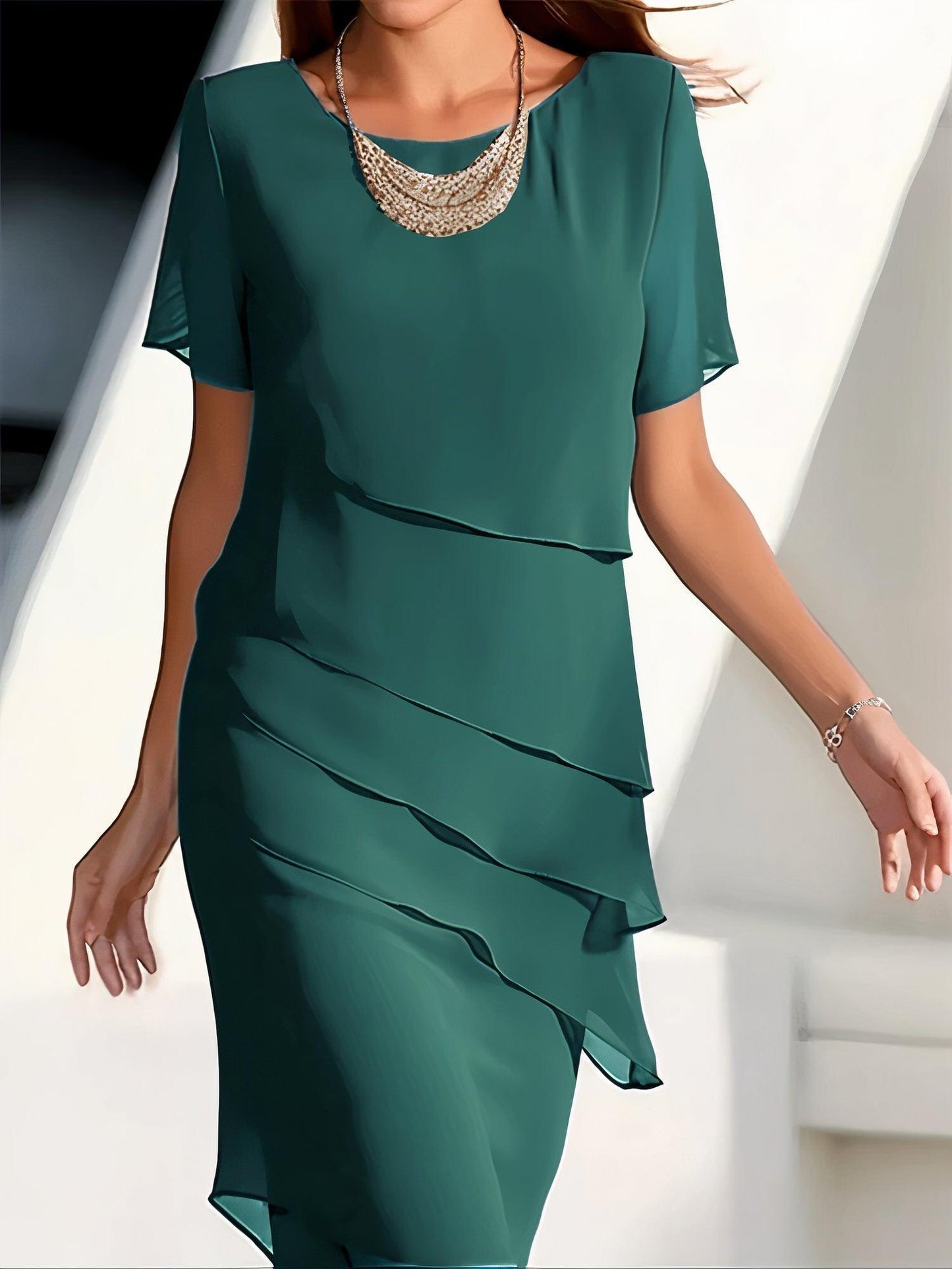 Damen Midi Kleid – Fließender Schnitt – Lagenlook – Rundhals – Kurzarm Elegant