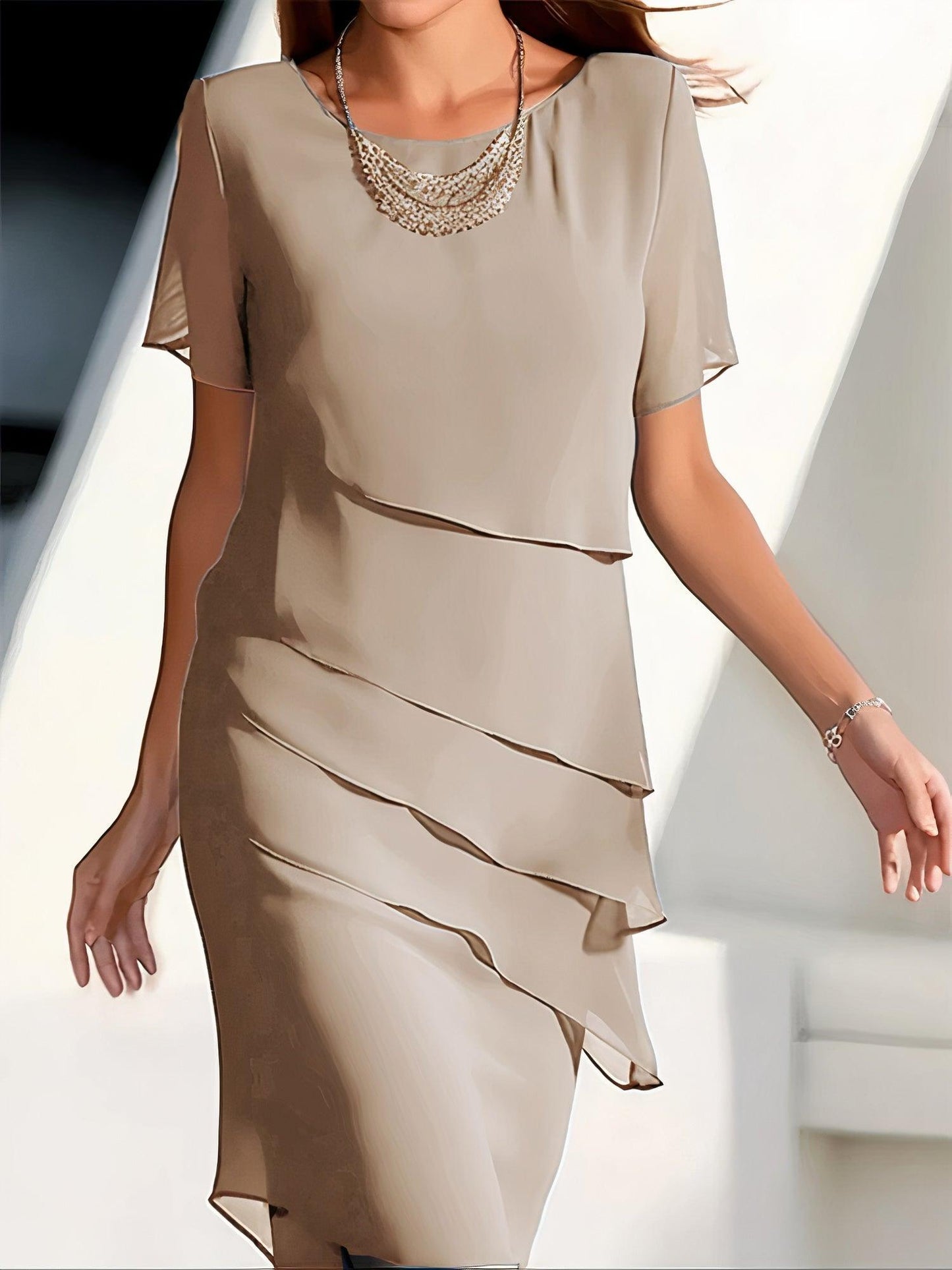 Damen Midi Kleid – Fließender Schnitt – Lagenlook – Rundhals – Kurzarm Elegant