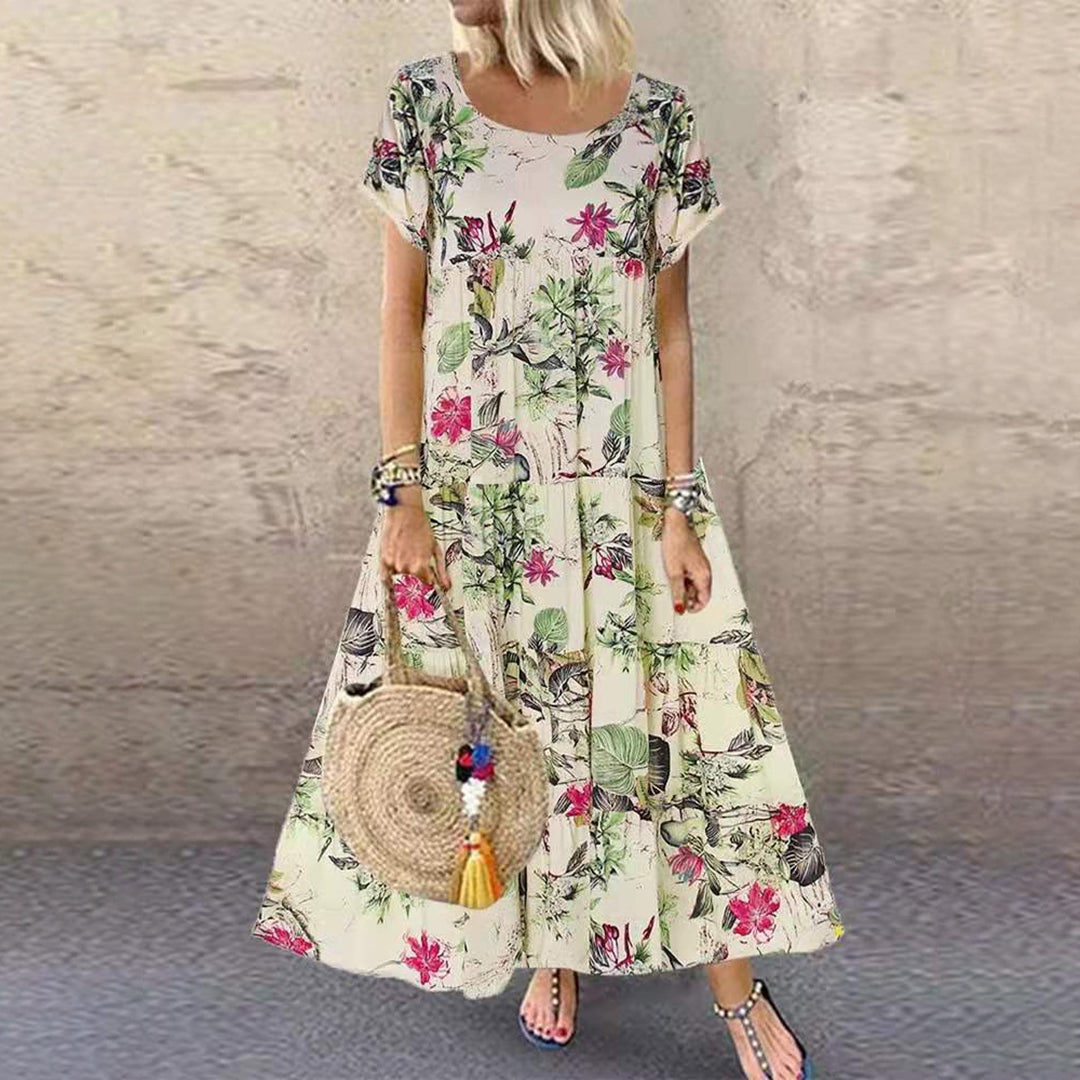 Damen Maxikleid – Lockere Passform – Kurzarm – Blumenmuster – Atmungsaktives Gewebe